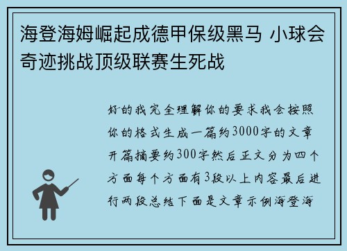 海登海姆崛起成德甲保级黑马 小球会奇迹挑战顶级联赛生死战 海登海姆崛起成德甲保级黑马 小球会奇迹挑战顶级联赛生死战